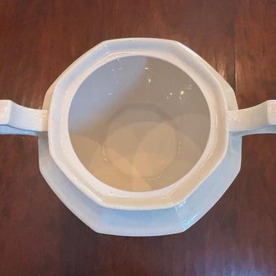 LOT 89: Johnson Brothers Heritage White China Serving Collection: Covered Serving Bowls, Gravy Boat w/Plate, Platters & Soup Tureen