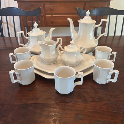 LOT 90: Johnson Brothers Heritage White China Tea/Coffee Time: Creamer/Sugar Bowl, Coffee/Teapot, Mugs & Serving Platters