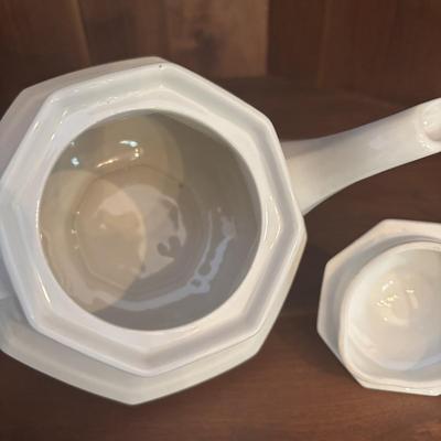 LOT 90: Johnson Brothers Heritage White China Tea/Coffee Time: Creamer/Sugar Bowl, Coffee/Teapot, Mugs & Serving Platters