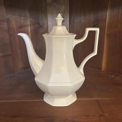 LOT 90: Johnson Brothers Heritage White China Tea/Coffee Time: Creamer/Sugar Bowl, Coffee/Teapot, Mugs & Serving Platters