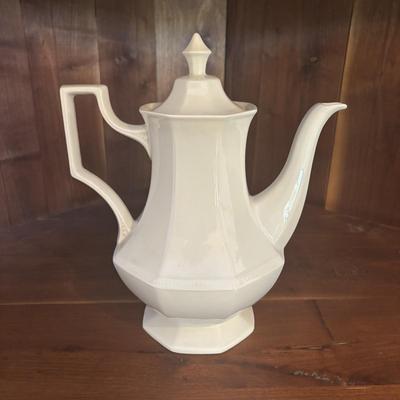 LOT 90: Johnson Brothers Heritage White China Tea/Coffee Time: Creamer/Sugar Bowl, Coffee/Teapot, Mugs & Serving Platters