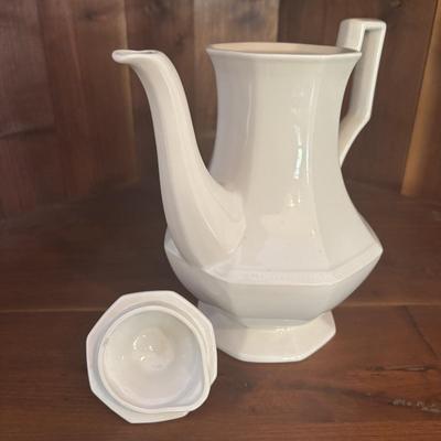 LOT 90: Johnson Brothers Heritage White China Tea/Coffee Time: Creamer/Sugar Bowl, Coffee/Teapot, Mugs & Serving Platters