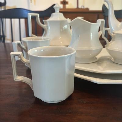 LOT 90: Johnson Brothers Heritage White China Tea/Coffee Time: Creamer/Sugar Bowl, Coffee/Teapot, Mugs & Serving Platters