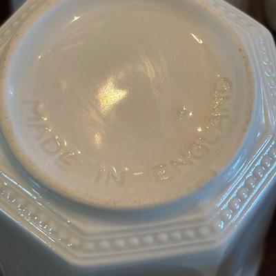 LOT 90: Johnson Brothers Heritage White China Tea/Coffee Time: Creamer/Sugar Bowl, Coffee/Teapot, Mugs & Serving Platters