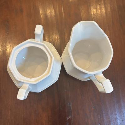 LOT 90: Johnson Brothers Heritage White China Tea/Coffee Time: Creamer/Sugar Bowl, Coffee/Teapot, Mugs & Serving Platters