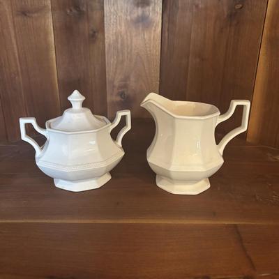 LOT 90: Johnson Brothers Heritage White China Tea/Coffee Time: Creamer/Sugar Bowl, Coffee/Teapot, Mugs & Serving Platters