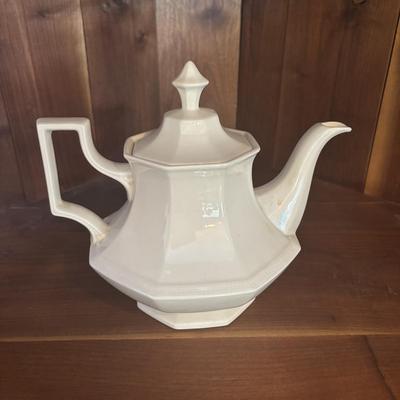 LOT 90: Johnson Brothers Heritage White China Tea/Coffee Time: Creamer/Sugar Bowl, Coffee/Teapot, Mugs & Serving Platters