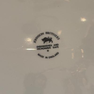 LOT 90: Johnson Brothers Heritage White China Tea/Coffee Time: Creamer/Sugar Bowl, Coffee/Teapot, Mugs & Serving Platters