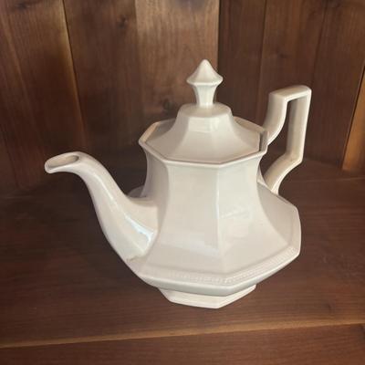 LOT 90: Johnson Brothers Heritage White China Tea/Coffee Time: Creamer/Sugar Bowl, Coffee/Teapot, Mugs & Serving Platters