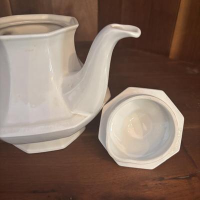 LOT 90: Johnson Brothers Heritage White China Tea/Coffee Time: Creamer/Sugar Bowl, Coffee/Teapot, Mugs & Serving Platters