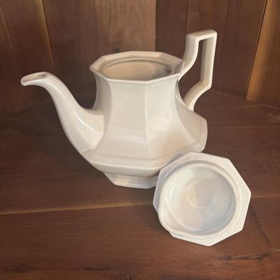 LOT 90: Johnson Brothers Heritage White China Tea/Coffee Time: Creamer/Sugar Bowl, Coffee/Teapot, Mugs & Serving Platters