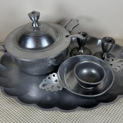 LOT 92: Empire Pewter Weighted Candle Sticks, Wilton Armetale Plough Tavern Soup Tureen w/Lid & Ladle. Wilton Armetale Pewter Serving...