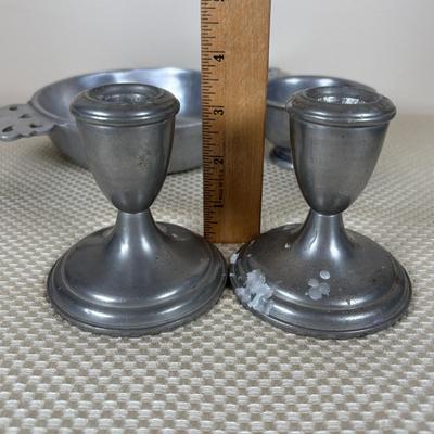 LOT 92: Empire Pewter Weighted Candle Sticks, Wilton Armetale Plough Tavern Soup Tureen w/Lid & Ladle. Wilton Armetale Pewter Serving...