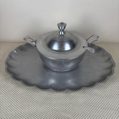 LOT 92: Empire Pewter Weighted Candle Sticks, Wilton Armetale Plough Tavern Soup Tureen w/Lid & Ladle. Wilton Armetale Pewter Serving...