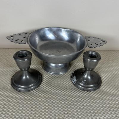 LOT 92: Empire Pewter Weighted Candle Sticks, Wilton Armetale Plough Tavern Soup Tureen w/Lid & Ladle. Wilton Armetale Pewter Serving...