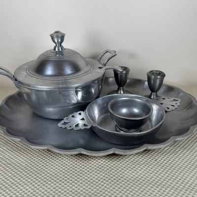 LOT 92: Empire Pewter Weighted Candle Sticks, Wilton Armetale Plough Tavern Soup Tureen w/Lid & Ladle. Wilton Armetale Pewter Serving...