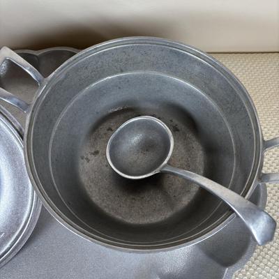 LOT 92: Empire Pewter Weighted Candle Sticks, Wilton Armetale Plough Tavern Soup Tureen w/Lid & Ladle. Wilton Armetale Pewter Serving...