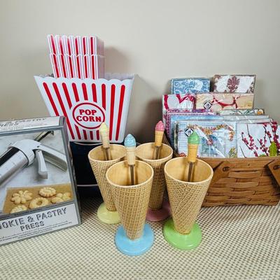 LOT 93: Longaberger Pie Basket, Cuisinart 14" Oval Baker Dish, Waffle Cone Ice Cream Bowls w/Spoons, William & Sonoma Cookies...