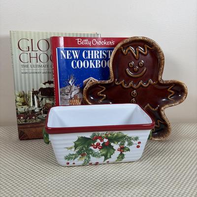 LOT 97: Vintage Hull Pottery Gingerbread Man Serving Plate, Crystal Punch Bowl Filled w/Cookie Cutters, Gingerbread Napkin Rings & More