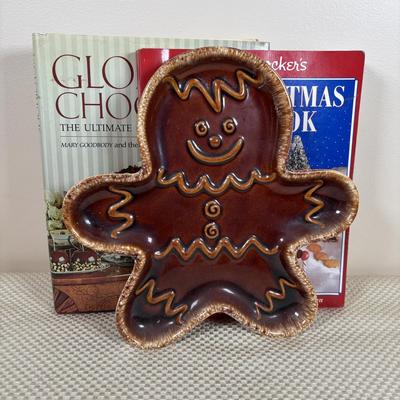 LOT 97: Vintage Hull Pottery Gingerbread Man Serving Plate, Crystal Punch Bowl Filled w/Cookie Cutters, Gingerbread Napkin Rings & More