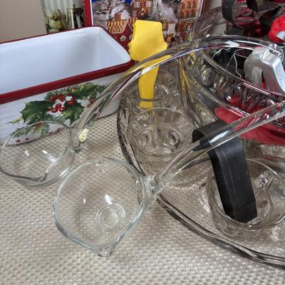 LOT 97: Vintage Hull Pottery Gingerbread Man Serving Plate, Crystal Punch Bowl Filled w/Cookie Cutters, Gingerbread Napkin Rings & More