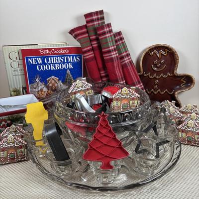 LOT 97: Vintage Hull Pottery Gingerbread Man Serving Plate, Crystal Punch Bowl Filled w/Cookie Cutters, Gingerbread Napkin Rings & More