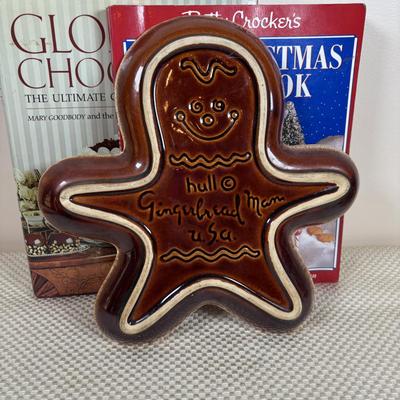 LOT 97: Vintage Hull Pottery Gingerbread Man Serving Plate, Crystal Punch Bowl Filled w/Cookie Cutters, Gingerbread Napkin Rings & More