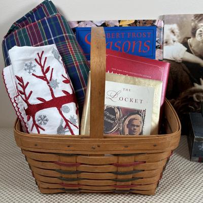 LOT 98: Longaberger Holiday Basket, Princess House Embossed Trio of Star Plates Snowman on Bicycle Music Box, It's a Wonderful Life...