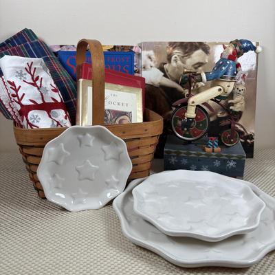 LOT 98: Longaberger Holiday Basket, Princess House Embossed Trio of Star Plates Snowman on Bicycle Music Box, It's a Wonderful Life...
