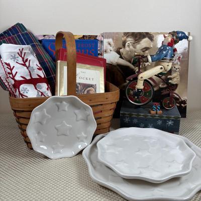 LOT 98: Longaberger Holiday Basket, Princess House Embossed Trio of Star Plates Snowman on Bicycle Music Box, It's a Wonderful Life...