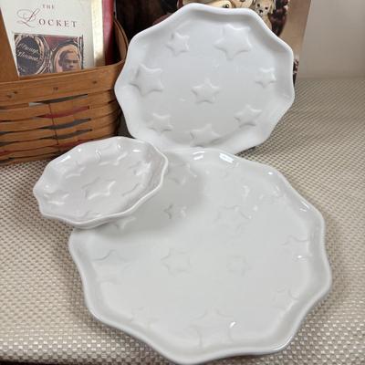 LOT 98: Longaberger Holiday Basket, Princess House Embossed Trio of Star Plates Snowman on Bicycle Music Box, It's a Wonderful Life...