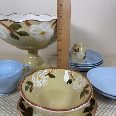 LOT 101: Vintage Stangl Pottery "White Dogwood" Pedestal Bowl & More along with Wedgewood Saucer, Goodes English Lavendar...