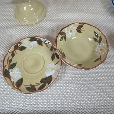 LOT 101: Vintage Stangl Pottery "White Dogwood" Pedestal Bowl & More along with Wedgewood Saucer, Goodes English Lavendar...