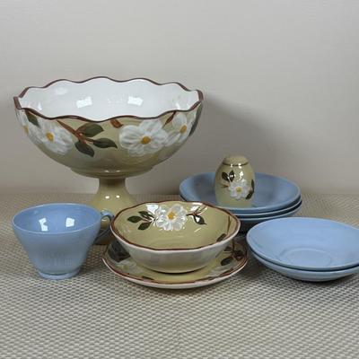 LOT 101: Vintage Stangl Pottery "White Dogwood" Pedestal Bowl & More along with Wedgewood Saucer, Goodes English Lavendar...