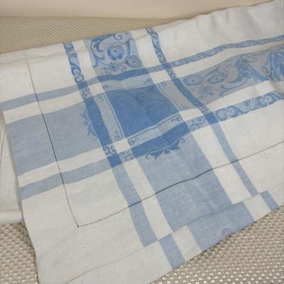 LOT 102: Vintage Kraft-Blue Holmer Laughlin China (various pieces), Crystal Bowls & Tablecloth (unmeasured)