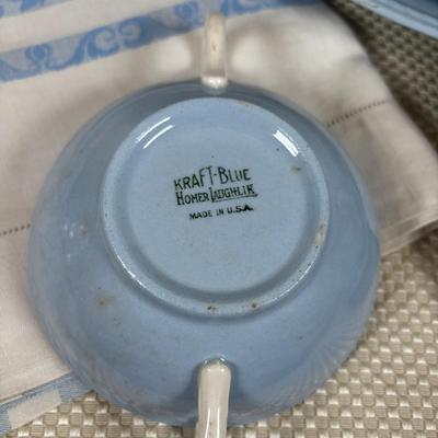 LOT 102: Vintage Kraft-Blue Holmer Laughlin China (various pieces), Crystal Bowls & Tablecloth (unmeasured)