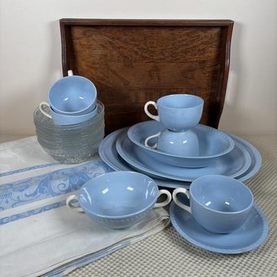 LOT 102: Vintage Kraft-Blue Holmer Laughlin China (various pieces), Crystal Bowls & Tablecloth (unmeasured)