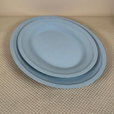 LOT 102: Vintage Kraft-Blue Holmer Laughlin China (various pieces), Crystal Bowls & Tablecloth (unmeasured)