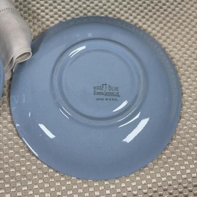 LOT 102: Vintage Kraft-Blue Holmer Laughlin China (various pieces), Crystal Bowls & Tablecloth (unmeasured)