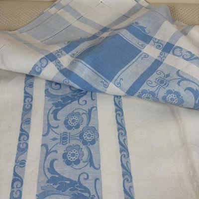 LOT 102: Vintage Kraft-Blue Holmer Laughlin China (various pieces), Crystal Bowls & Tablecloth (unmeasured)