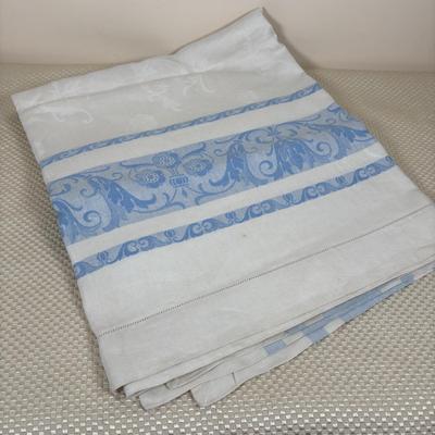 LOT 102: Vintage Kraft-Blue Holmer Laughlin China (various pieces), Crystal Bowls & Tablecloth (unmeasured)