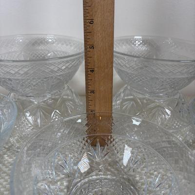 LOT 102: Vintage Kraft-Blue Holmer Laughlin China (various pieces), Crystal Bowls & Tablecloth (unmeasured)