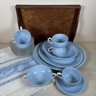 LOT 102: Vintage Kraft-Blue Holmer Laughlin China (various pieces), Crystal Bowls & Tablecloth (unmeasured)