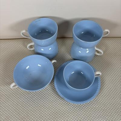 LOT 102: Vintage Kraft-Blue Holmer Laughlin China (various pieces), Crystal Bowls & Tablecloth (unmeasured)