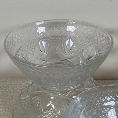 LOT 102: Vintage Kraft-Blue Holmer Laughlin China (various pieces), Crystal Bowls & Tablecloth (unmeasured)