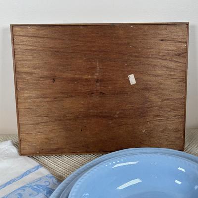 LOT 102: Vintage Kraft-Blue Holmer Laughlin China (various pieces), Crystal Bowls & Tablecloth (unmeasured)