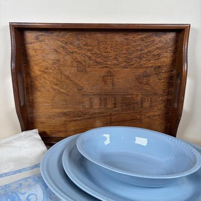 LOT 102: Vintage Kraft-Blue Holmer Laughlin China (various pieces), Crystal Bowls & Tablecloth (unmeasured)