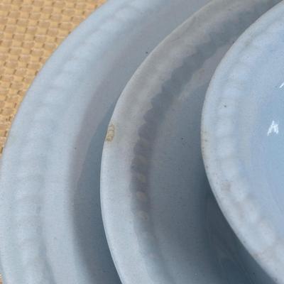 LOT 102: Vintage Kraft-Blue Holmer Laughlin China (various pieces), Crystal Bowls & Tablecloth (unmeasured)