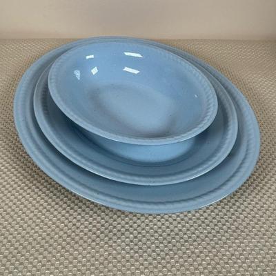 LOT 102: Vintage Kraft-Blue Holmer Laughlin China (various pieces), Crystal Bowls & Tablecloth (unmeasured)