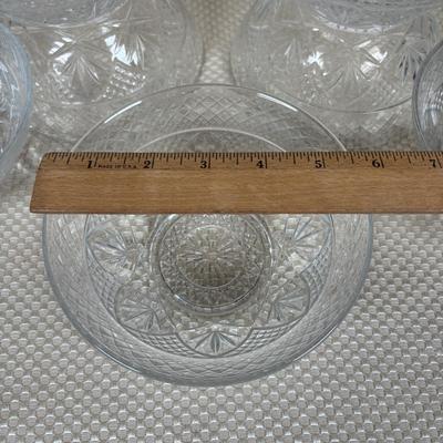 LOT 102: Vintage Kraft-Blue Holmer Laughlin China (various pieces), Crystal Bowls & Tablecloth (unmeasured)